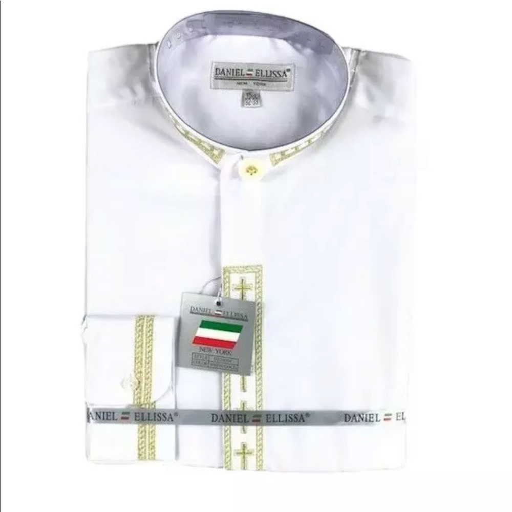 Daniel Ellissa Men's White Clergy Shirt Gold Cross Embroidered Convertible Cuff - Picture 3 of 3